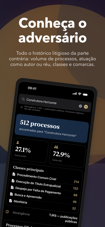 Histórico litigioso de uma empresa no app, com o total de processos encontrados, a divisão entre atuação como autor e como réu e as classes processuais mais frequentes.
