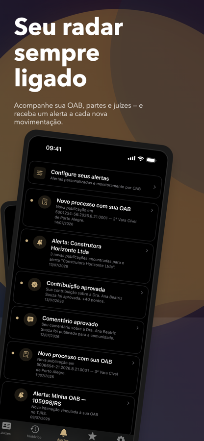 Central de alertas do app listando novas publicações vinculadas à OAB do advogado e movimentações das partes monitoradas.